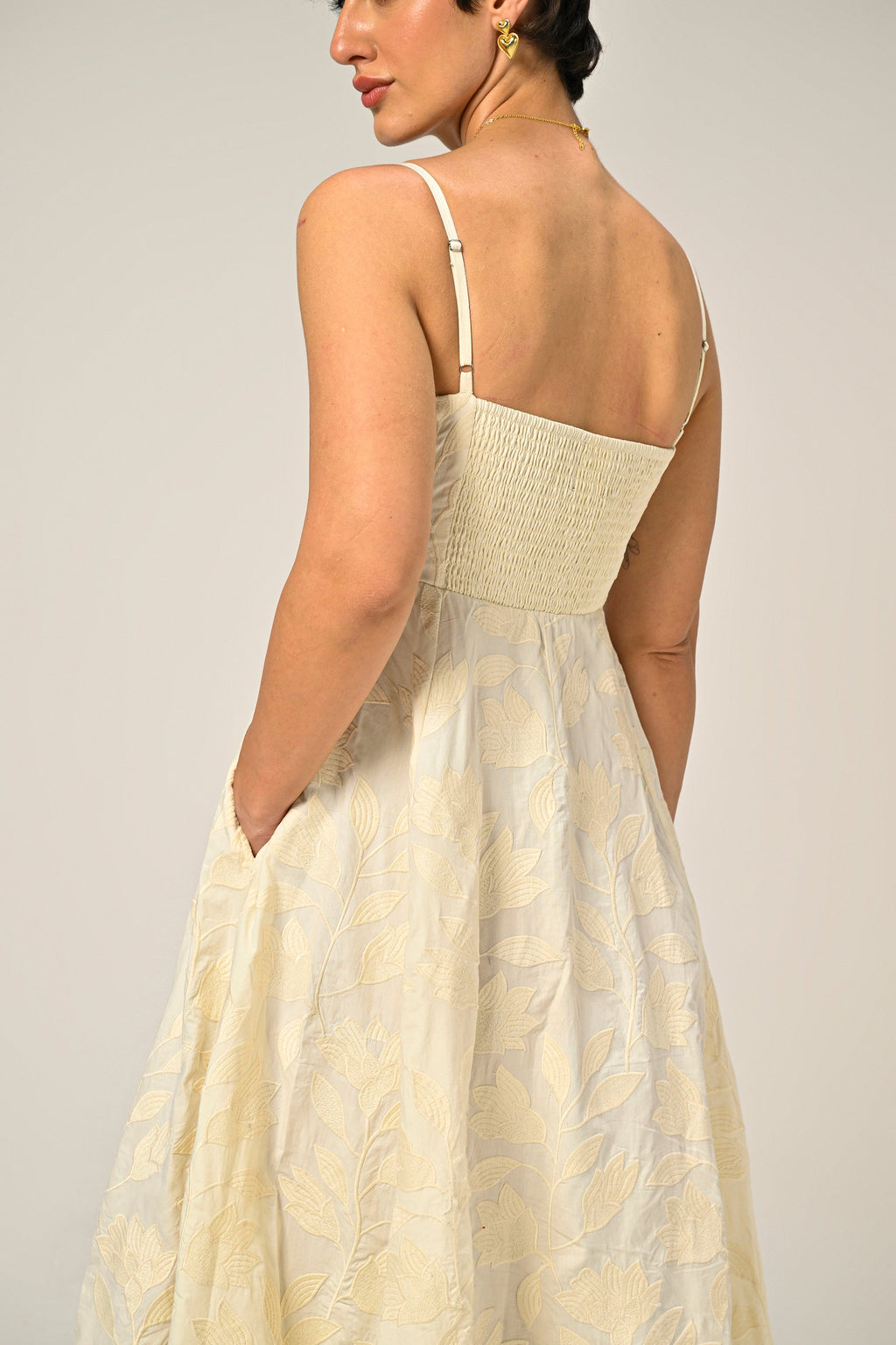 Brinda in Moonflower Embroidered Flare Maxi