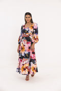 Thr3letter Elara Long Dress with vibrant floral prints, crafted from 100% Organic Cotton Poplin."