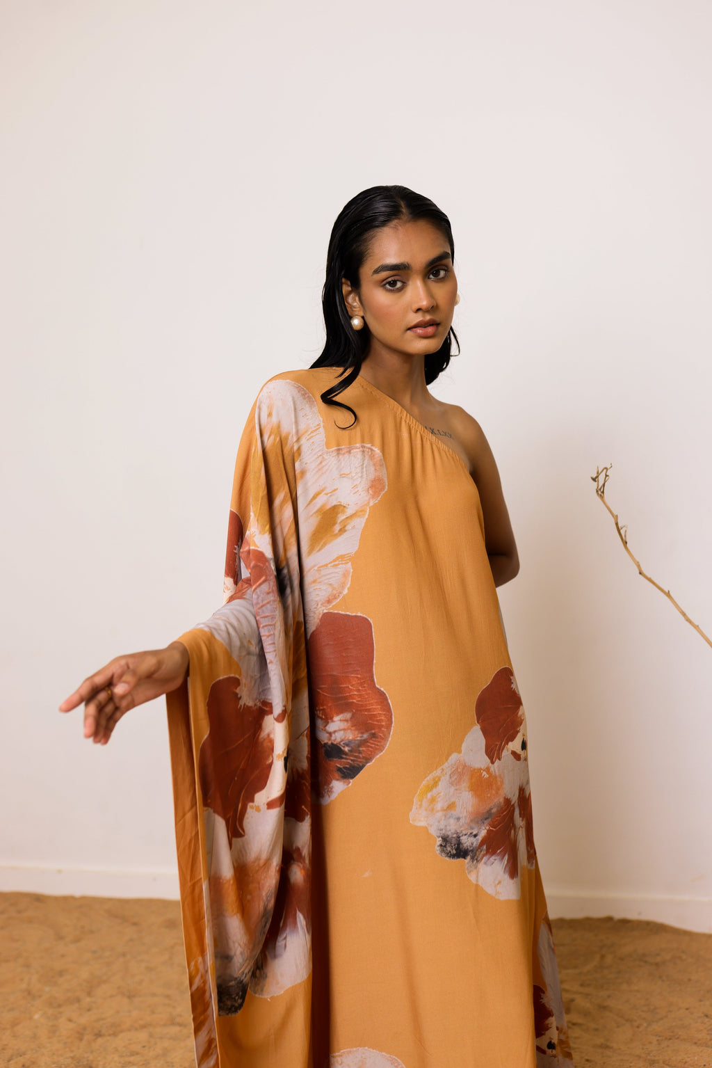Thr3letter Lumiere Kaftan Dress: Fluid silhouette in half silk, half crep fabric - embodying modern minimalist design principles.