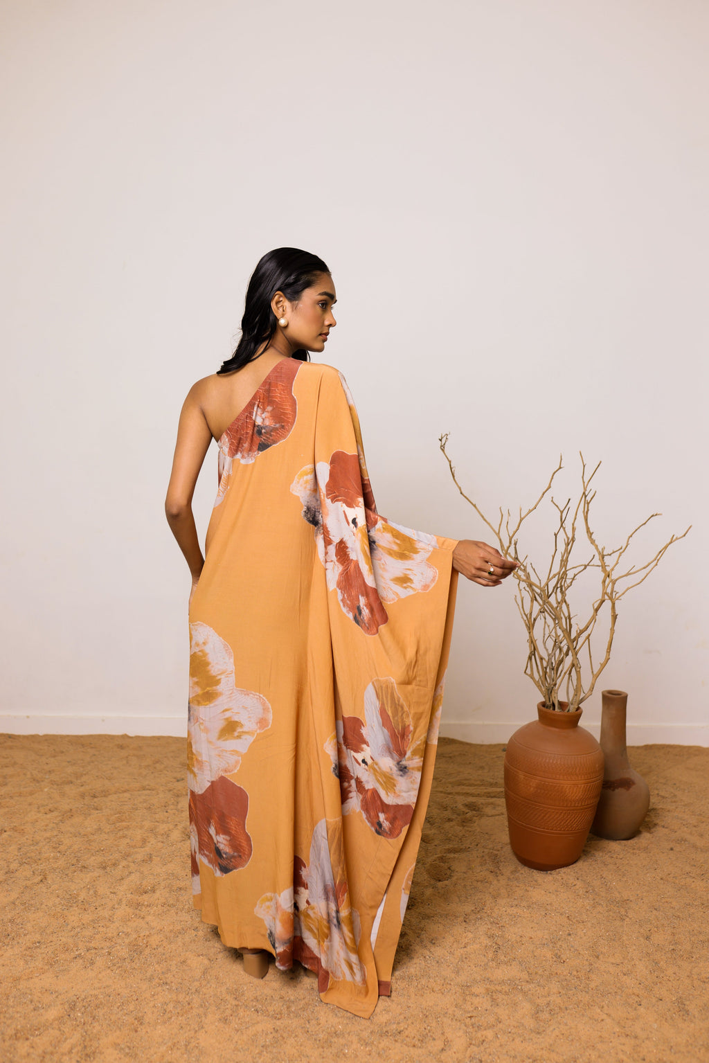 Ethereal Thr3letter Lumiere Kaftan Dress: Lightweight silk-crep fabric cascading in soft folds, creating effortless sophisticated style.